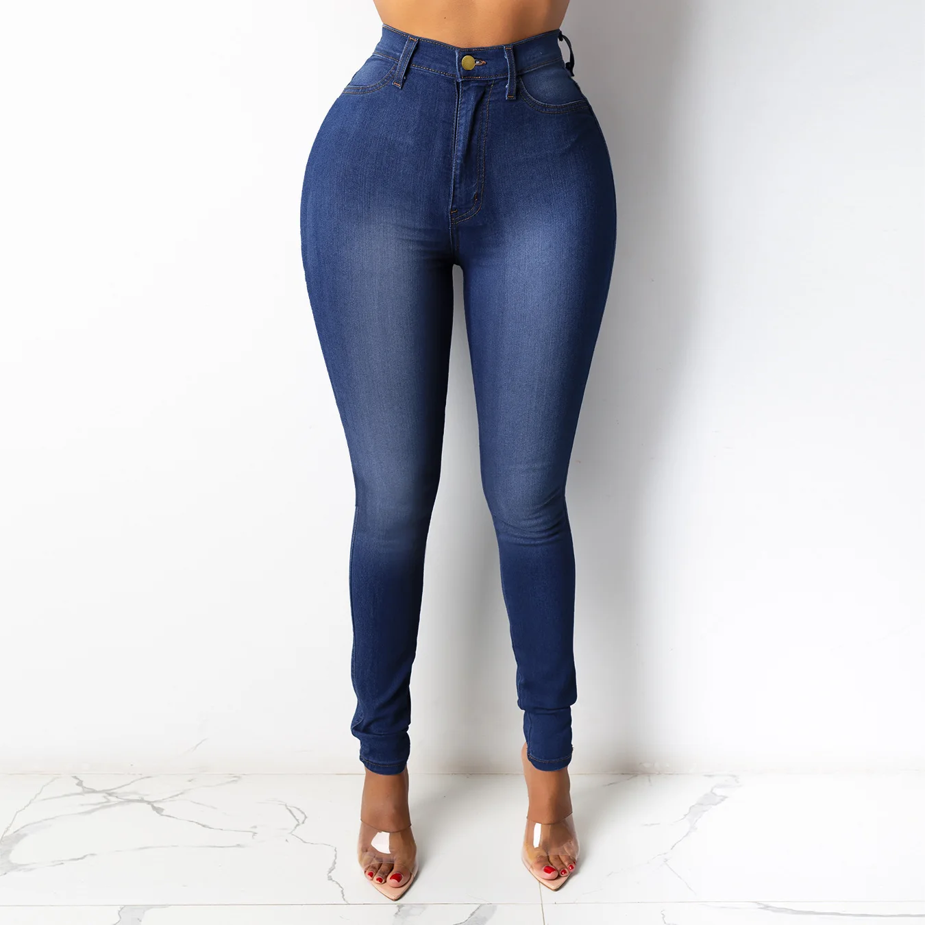 Calça jeans feminina cintura alta, slim fit, lavada, com zíper, botão, bolsos, cor sólida, lápis jeans para streetwear