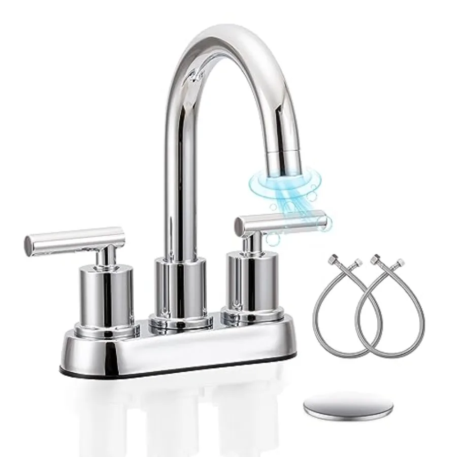 

Смеситель для ванной 4 дюйма, с двумя ручками, центральное крепление, поворотный излив 360°, с выдвижным сливным клапаном