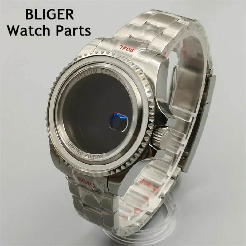 BLIGER 44mm silver watch case sapphire glass fit NH35 NH36 NH34 ETA2824 2836 Miyota8215 Mingzhu DG2813 3804 PT5000 movement