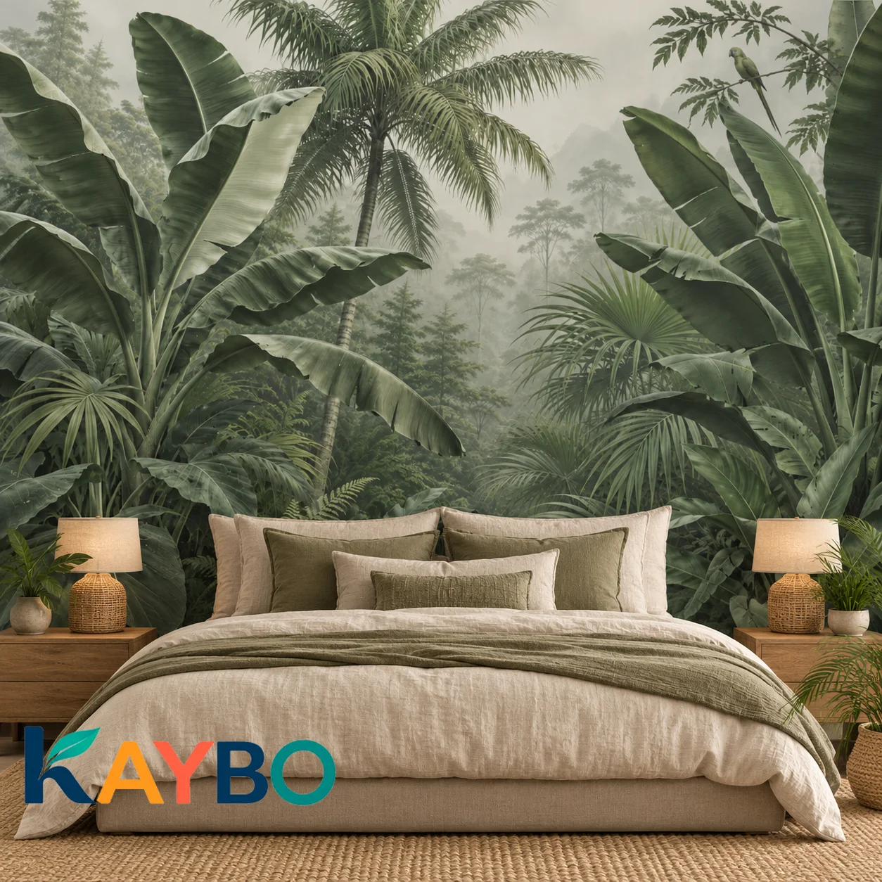 Jungle Wallpaper Mural, Tropical Rainforest Wall Decor, Banana Leaf Botanical Design, Green Palm Room Accents, Non Self Adhesive