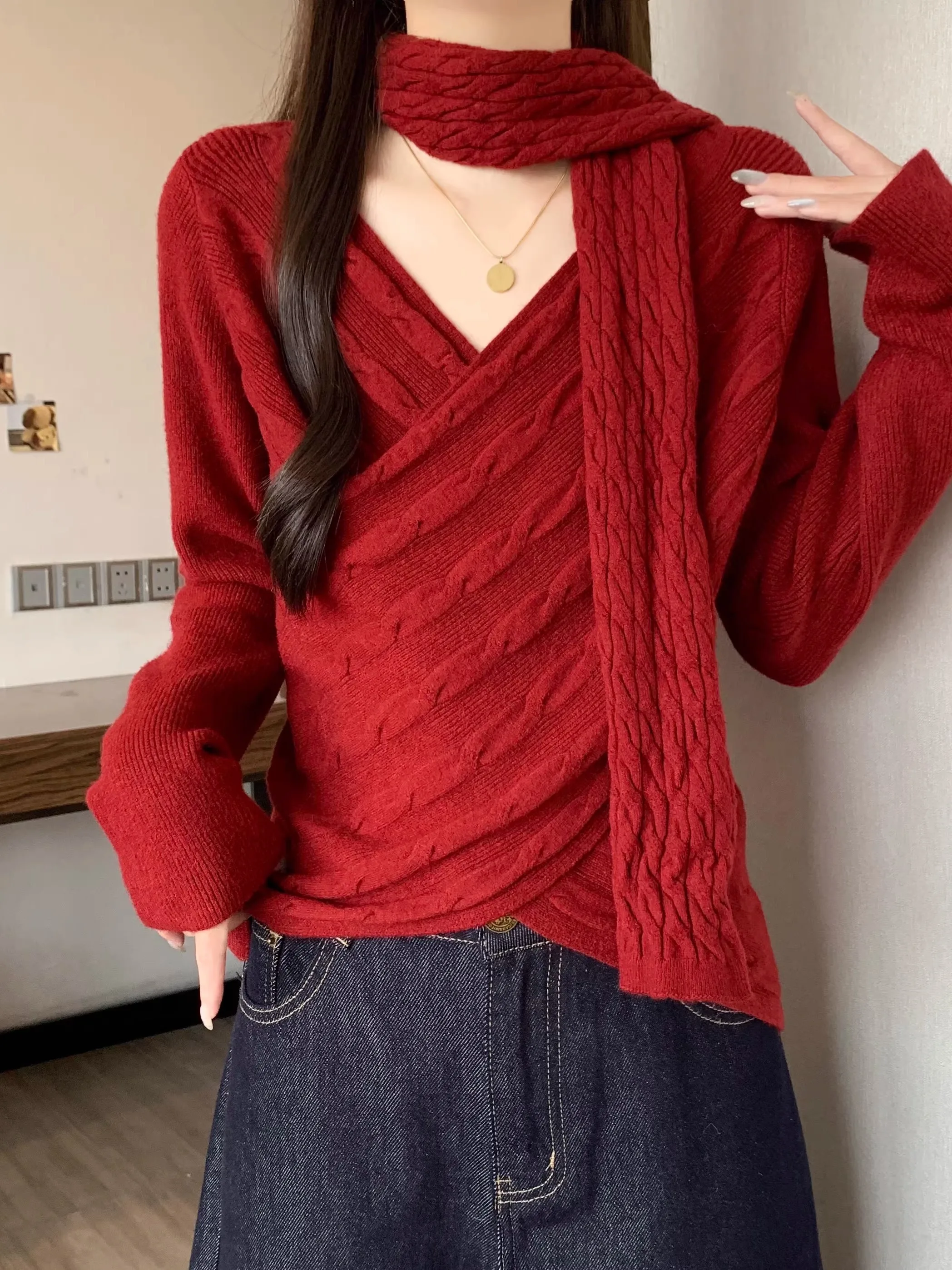 

Ele Red V-Ne Long Sve Knitted Top Women Winter plus Size Loose Fit Ne Hanging Sa Casual Comfortable Knitwear