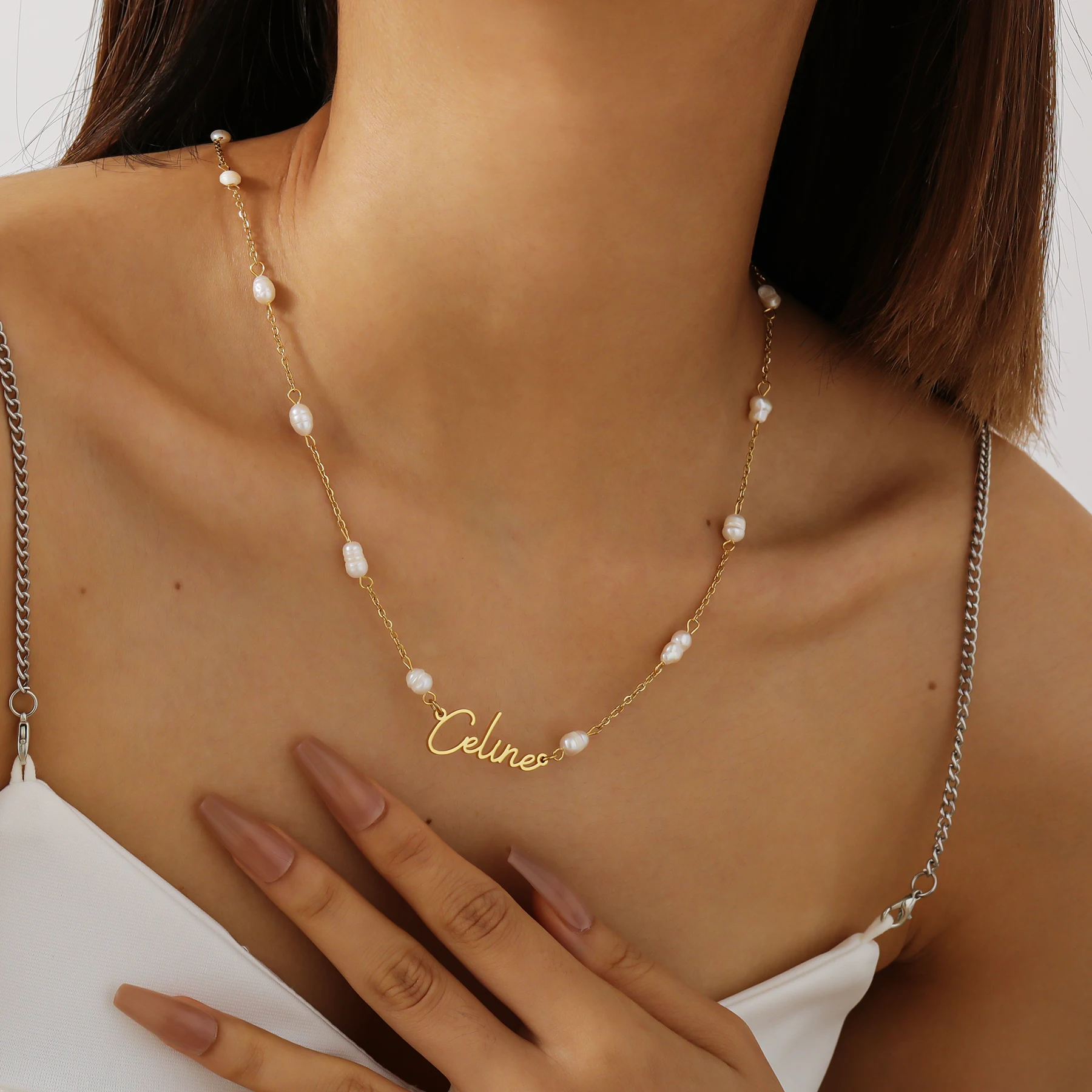 Customized Name Pearl Beaded Necklace Personalized Pearl Bracelets Stainless Steel Name Pendant Women Girls Jewelry Gifts