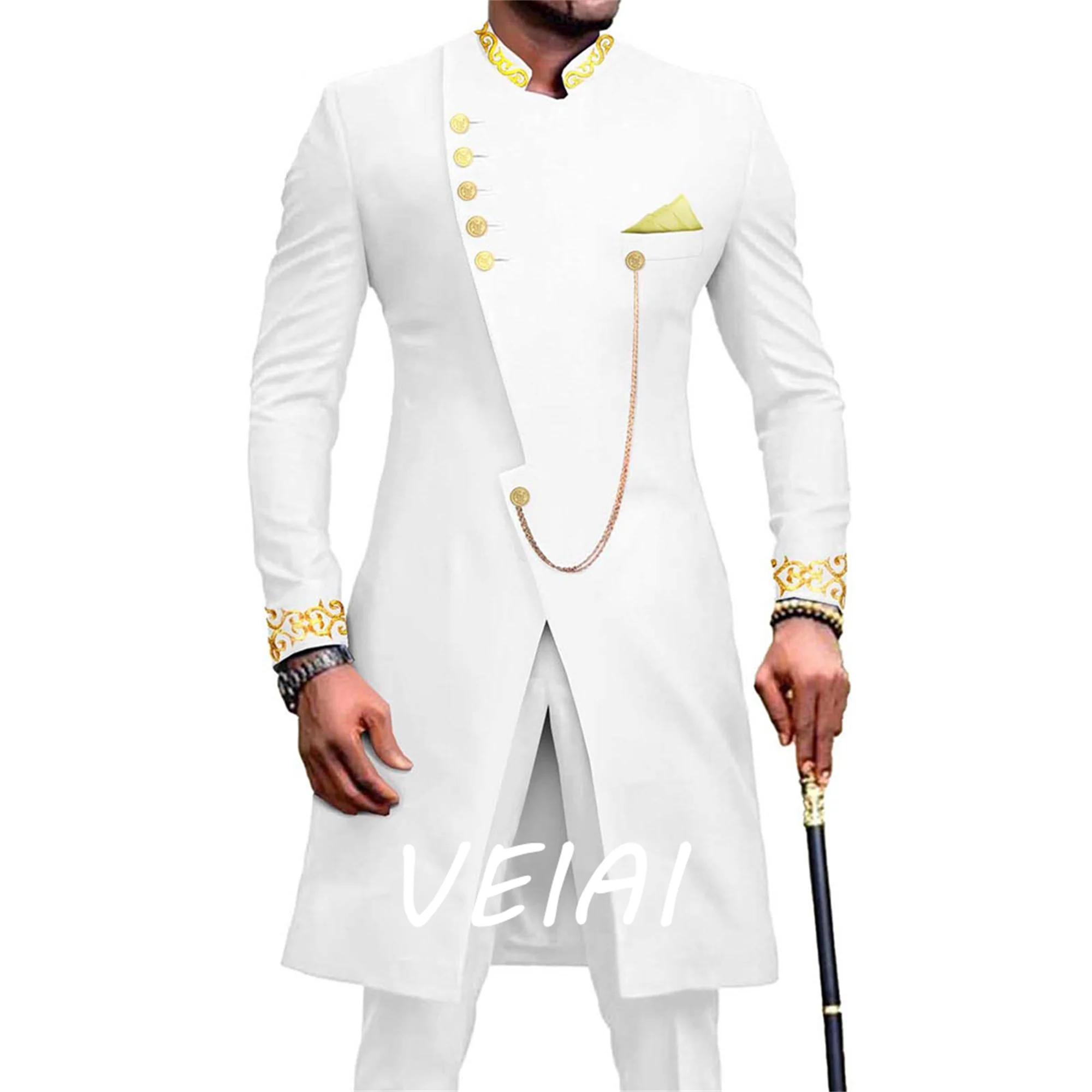 

Men Suit Custom Made Slim Fit White Wedding Groomsmen Stand Lapel Two Piece Jacket Pants Embroider Formal Blazer Costume Homme