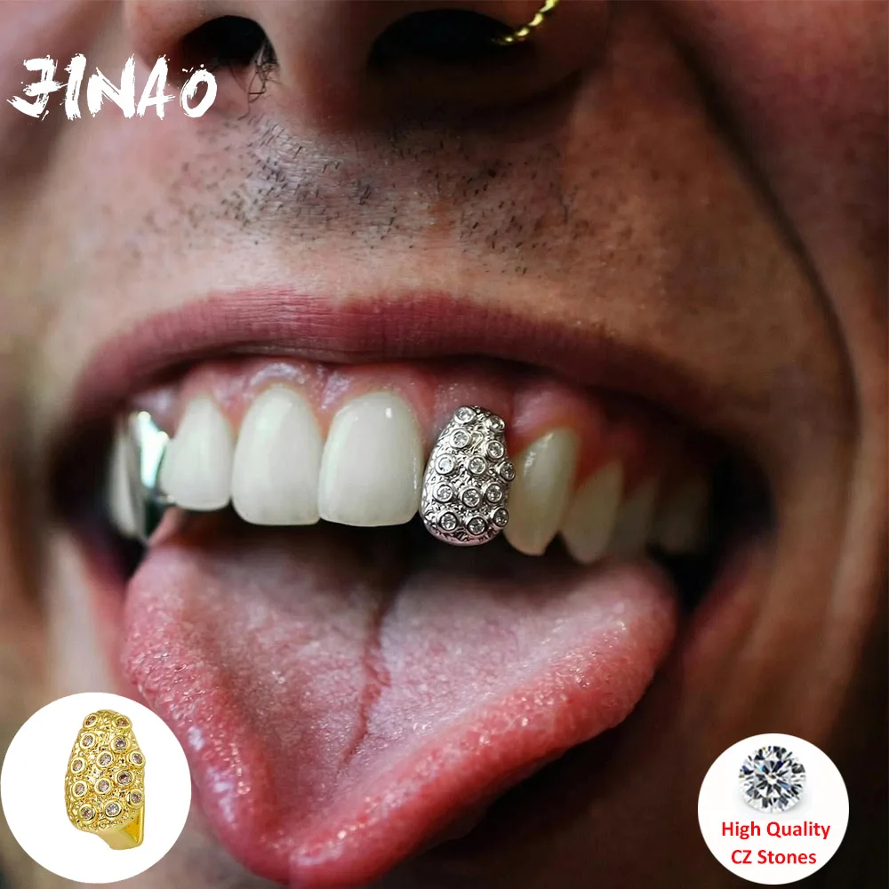 JINAO Grillz de Hip Hop para Hombre, de Dientes Individuales, Completamente Incrustados con Circonitas Cúbicas (CZ), con Diseño de Colmillo Redondo Geométrico, Brillante, para Dientes Superiores e Inferiores, Estilo Punk Rapper, Regalo de Navidad
