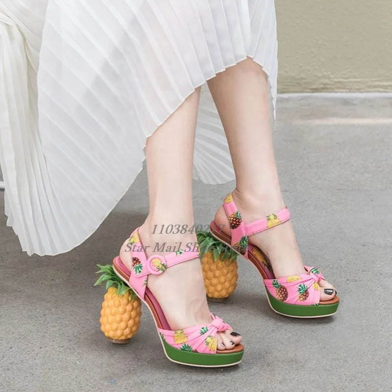 Cute Platform Peep Toe Pineapple High Heel Sandals Statement Fruit Print Ankle Strap Tower Buckle Sandals Women Vacation Sandals