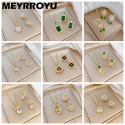 MEYRROYU 316L Stainless Steel Jewelry Set Flowers Zircon Necklace Earrings For Women New Arrival Anniversary Gifts Accessories