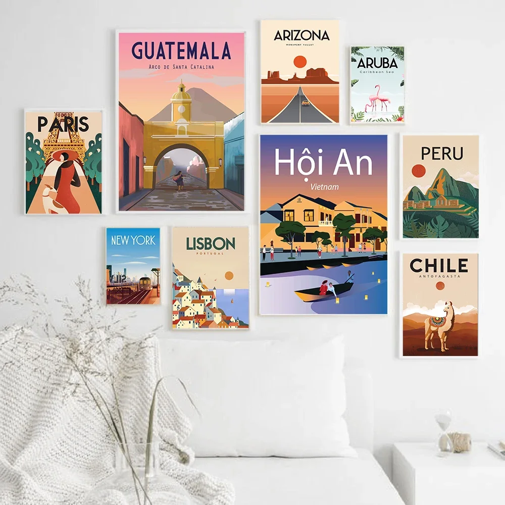 Famous City Travel Poster Cartoon New York Paris Chile Aruba Landscape Canvas Painting Wall Art Pictures For Living Room Decor