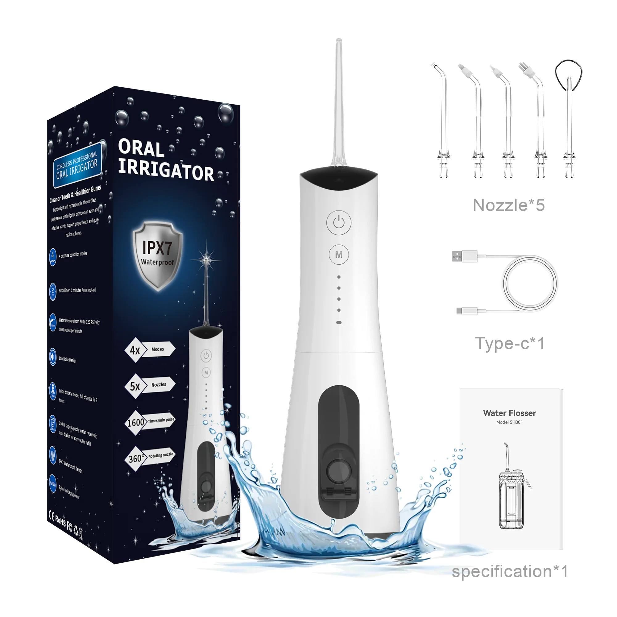 

Fengmang High Quality Travel IPX7 Waterproof 230ml Portable Oral Irrigator Teeth Pick USB Rechargeable Water Flosser with 5 Nozz