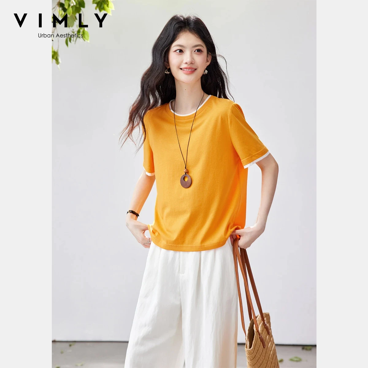 VIMLY Women's Minimalism Short Sleeve Top 2026 Summer New Fashion Versatile Contrast Trim Round Neck Casual Office T-shirt A6208