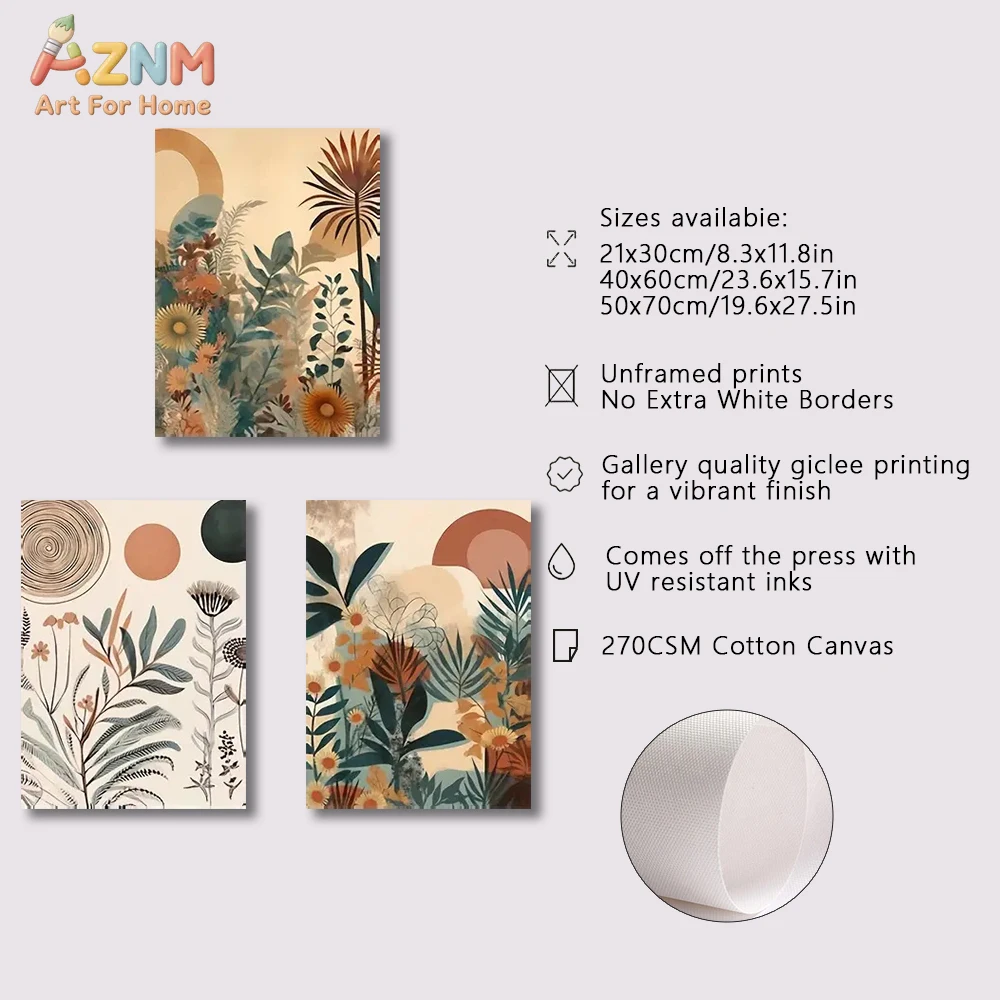 3pcsAZNM Boho Mid Century Modern Tropical Plant Sunflower Canvas Wall Art, Vintage Botanical Floral Leaf Abstract Poster, Minima