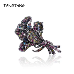 TANGTANG Vintage Flower Brooches For Suit Black/Multicolors Rhinestone Antique Silver Plated Jewelry Pins Elegant Brooch Bijoux