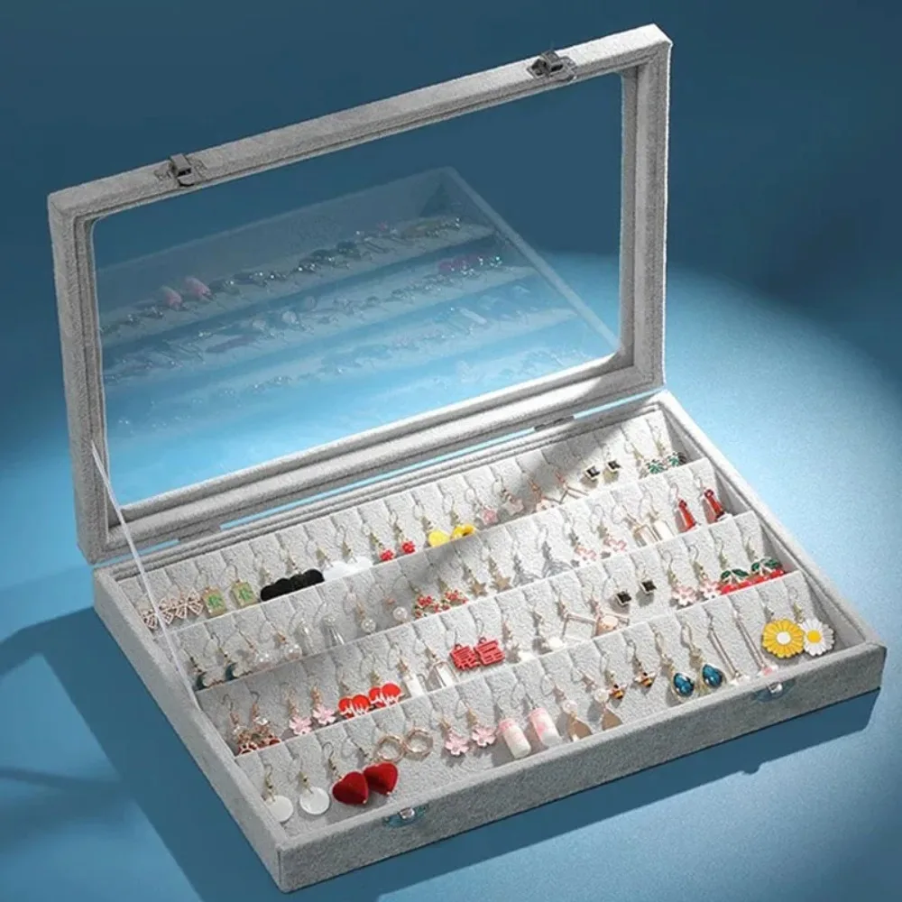 صندوق تخزين القرط المخملي المضاد للأكسدة ، غطاء شفاف ، شكل مربع ، لون خالص ، صندوق مجوهرات مخملي عالي السعة