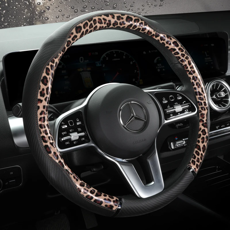 Car Anti-Slip Leather Steering wheel Cover Universal Protective Cover Splicing Leopard Print Fashion Style 38cm Shape O D