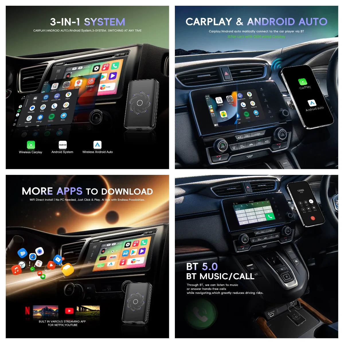 Podofo 3-IN-1 Android Carplay AI Box 4 Core 4+32G Wireless CarPlay Android Auto Youtube WiFi Adapter USB Dongle Carplay Box
