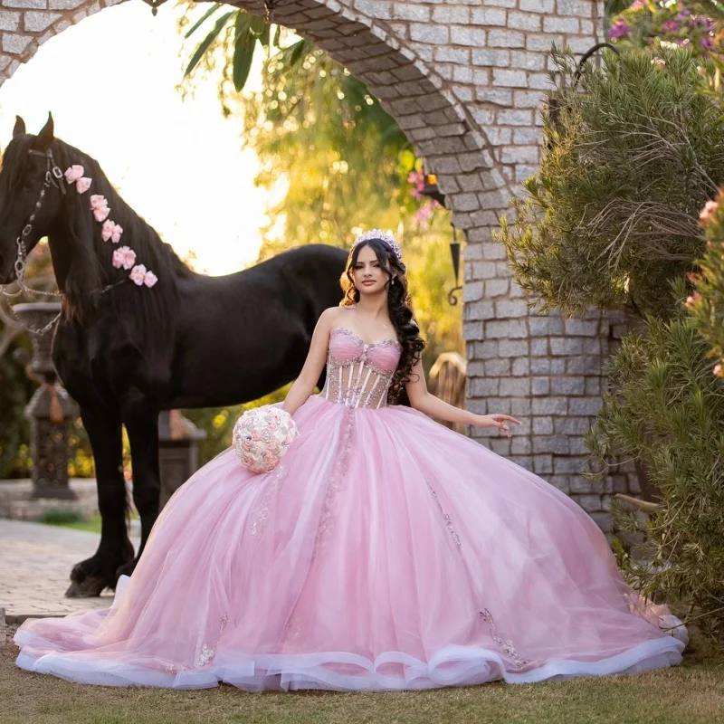 Pink Quinceanera Dress off-shoulder Glitter Flower Crystal Decal Long tail Big Bow vestidos de 15 Quinceanera Customize
