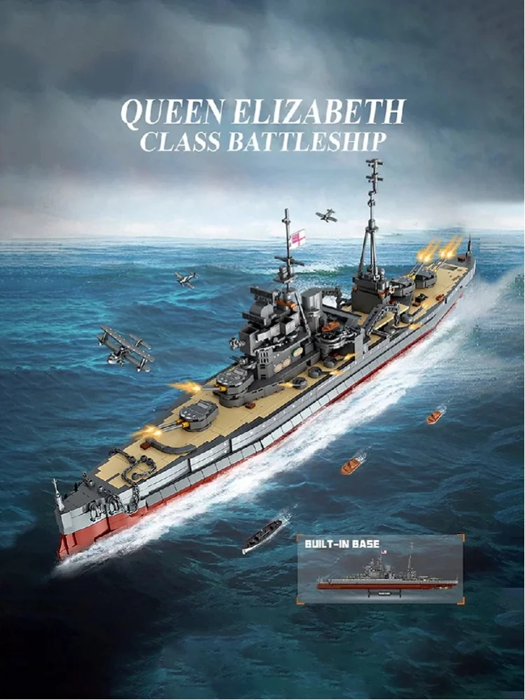 2277-teiliges Queen Elizabeth-Klasse Schlachtschiff-Bausatz Britisches Marine-Kriegsschiff Konstruktions-Bausteine Modellbausatz DIY-Montage mit Drehbaren Kanonen und Ausstellungsständer Spielzeug für