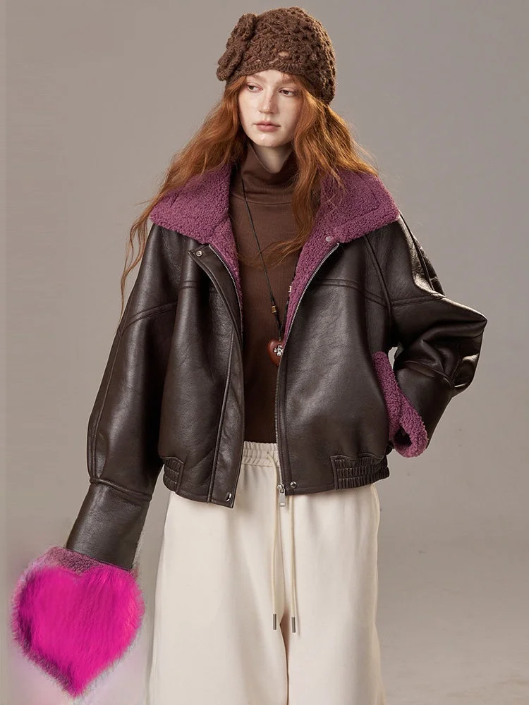 Elfsa レディース フェイクファー ジャケット ブラウニー スレ ウィンター コート インテイテッド レザー アンド ファー アウター カジュアル フリップカラー ジッパー