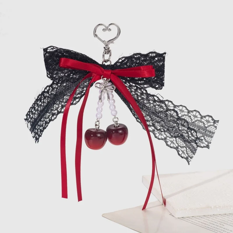Y2K Lace Bow Keychain Hollow Red Ribbon Cherry Pendant Women Handbag Backpack Key Chain Exquisite Ornament Holiday Gift Decor