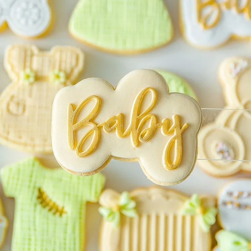 Cookie Mold Baby Shower Baby Dress Acrylic Cookie Cutter Reverse Stamp Embosser Bear Fondant Biscuit Mould Cake Decoration Tools