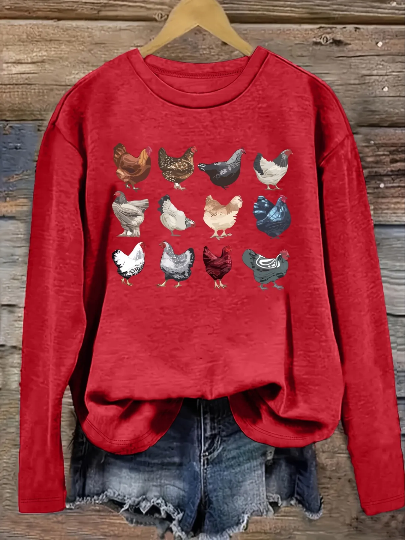 Women's Casual Long Sleeve Crew Neck T-Shirt Colorful Chicken Breed Illustration Print Design, Round Neck Women's Clothing, Machine Washable, Slightly Elastic, Loose Fit, Spring Autumn Winter Women's T-Shirt, Halloween Costume Outfit view 4