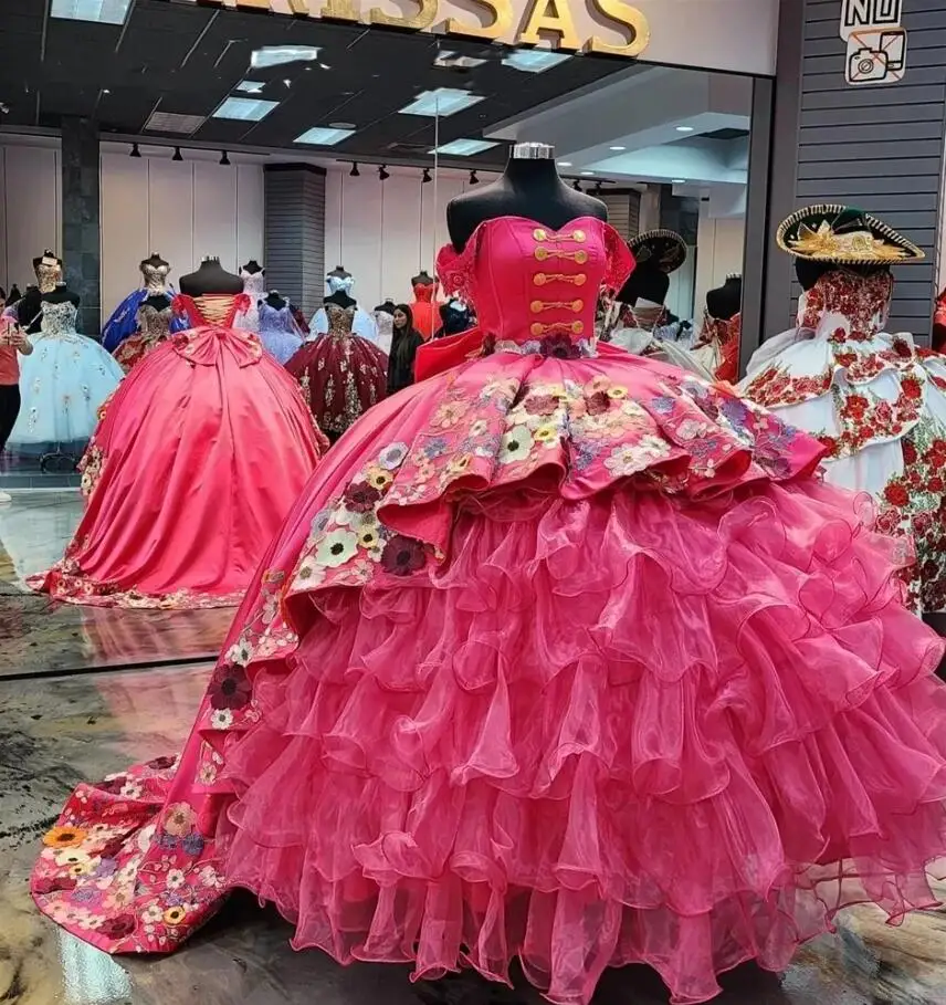 

Мексиканское розовое бальное платье с открытыми плечами, платья Quinceanera для девочек, аппликации, оборки, платья для выпускного вечера на день рождения, многоуровневые платья на заказ