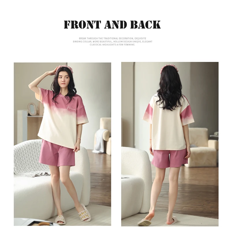 MIIOW Pajama Women 2 Pieces Set Advanced Gradient Colors Sleepwear Homewear Comfort Short Sleeve and Shorts Night Wears Set 파자마