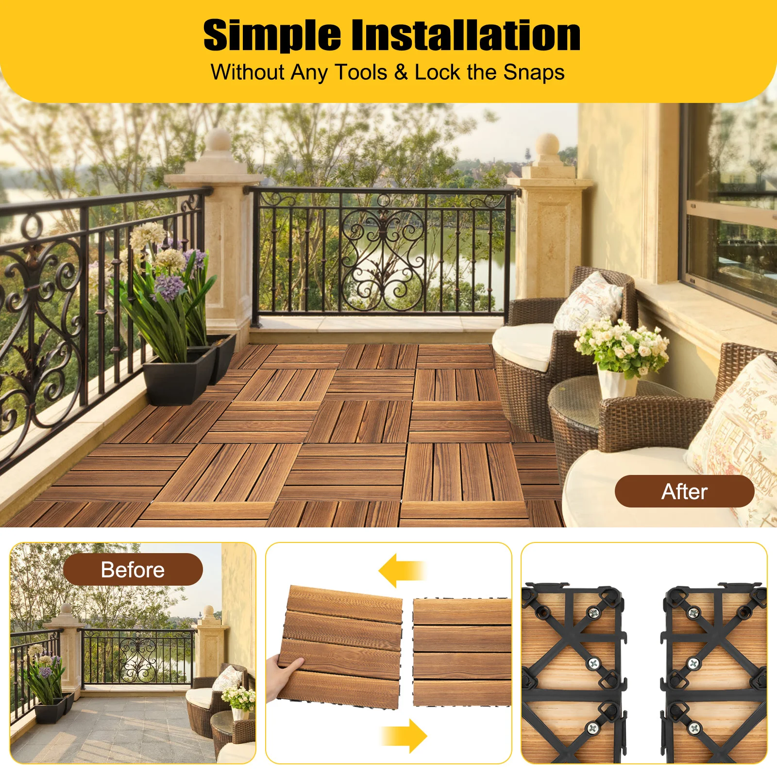 Madeira telha exterior para Patio Deck, telha de bloqueio, 12 em × 12 em, 36 pacotes