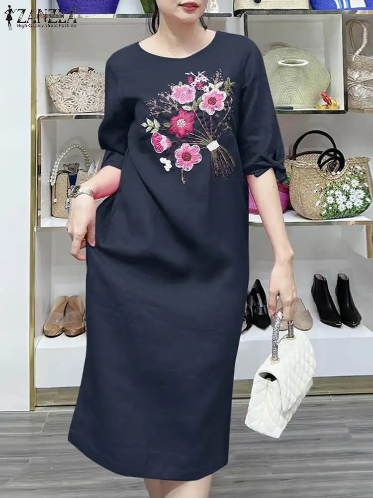 

ZANZEA Elegant Women O Neck Half Sleeve Floral Midi Sundress 2024 Summer Dress Casual Work Vestidos Robe Femme Holiday Dresses