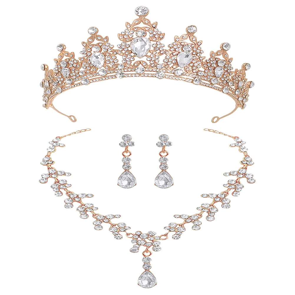 Bridal Wedding Jewelry Hair Accessories Bride-to-be Necklace Headpiece Crystal Crown Earrings for