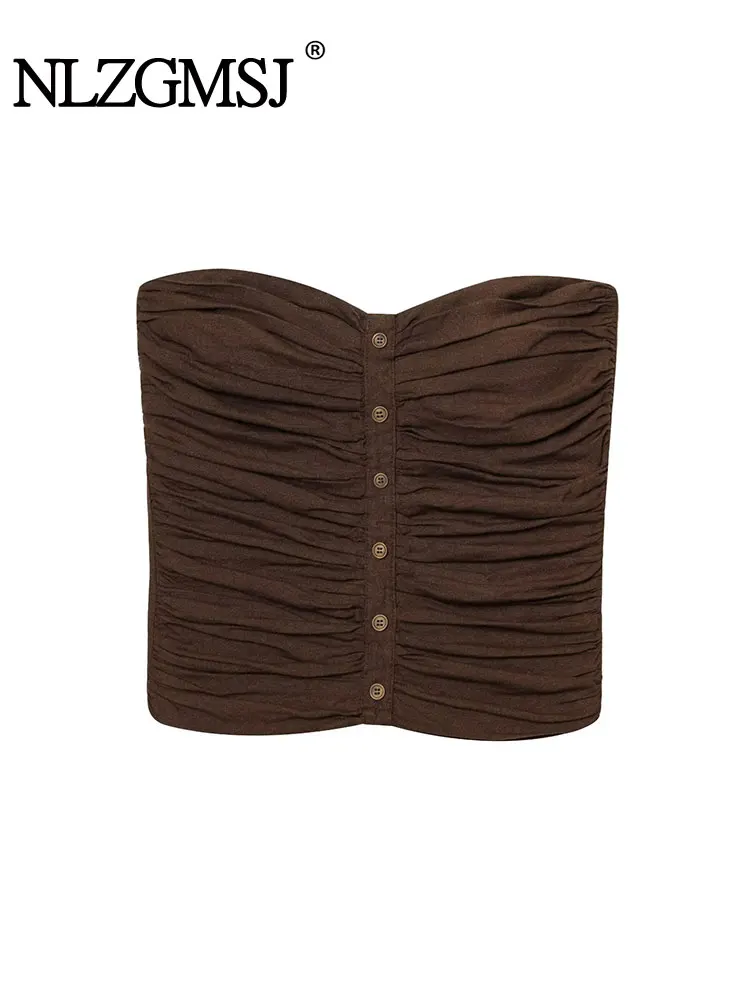 NLZGMSJ 2025, Sommer, plissiert, Damen-Crop-Tops, einreihig, kurzes Top, schulterfrei, trägerlos, Tops, Damen-Party-Top, Y2K