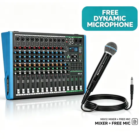 NXG 12-Channel Professional Audio Mixer | Comes with Wired Dynamic Microphone, Bluetooth USB DJ Sound Mixing Console, Suitable for Live Streaming, Karaoke, Studio Recording, Ready to Use Kit