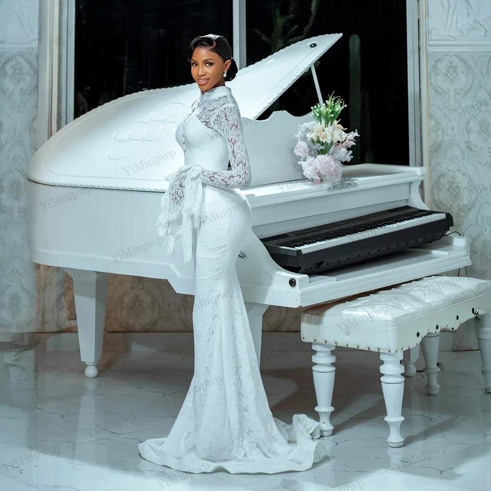 Gaun Pengantin Afrika dengan Aplikasi Renda Mewah, Kerah Tinggi, Lengan Panjang, 2 in 1 dengan Ekor yang Dapat Dilepas, Gaun Pengantin dengan Kancing, Dapat Disesuaikan