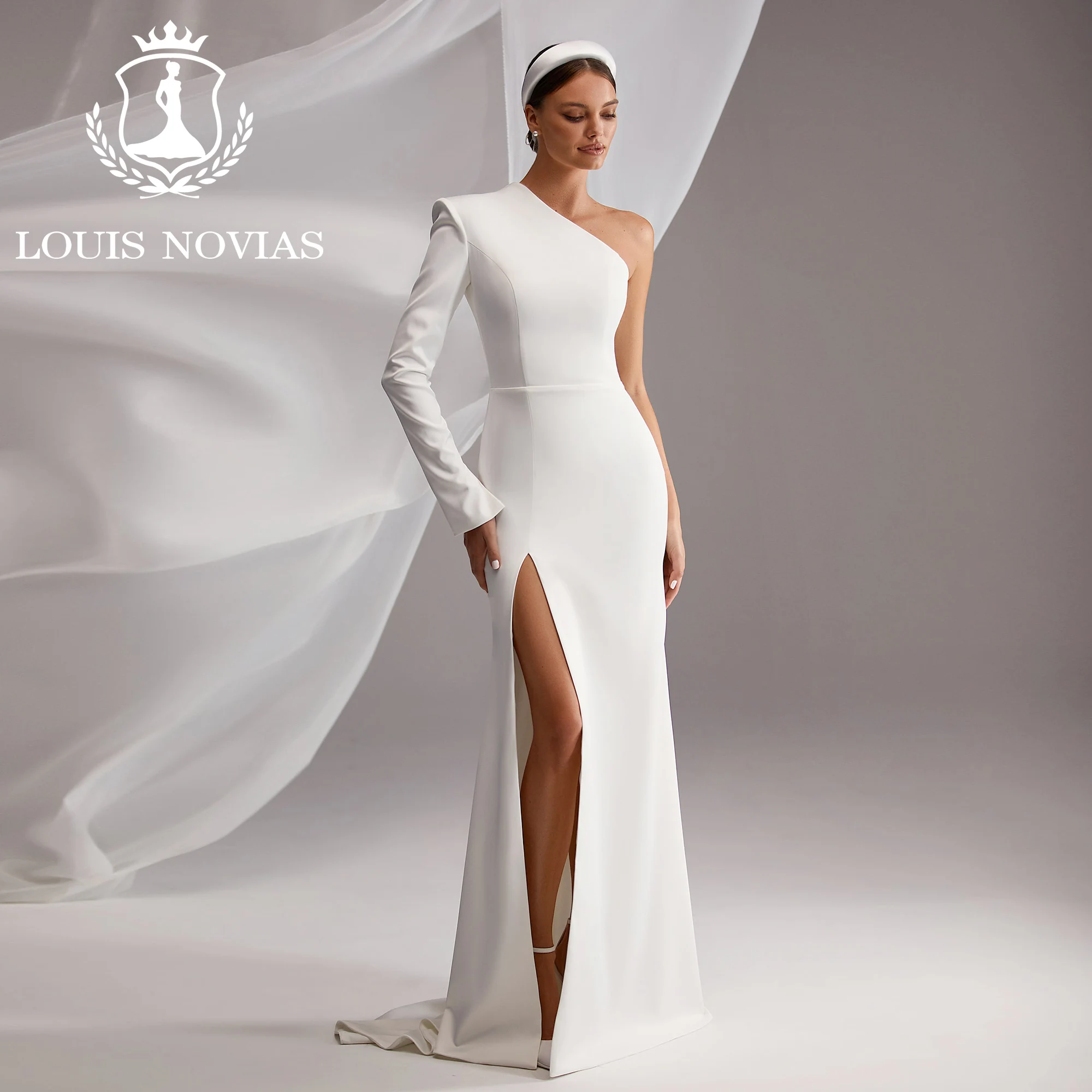 LOUIS NOVIAS Mermaid Long Sleeve Wedding Dress High Quality One Shoulder Thigh Split Zipper Wedding Gown Vestidos De Novia