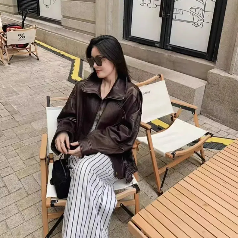 Spring Autumn Oversized Pu Leather Jacket Women Long Sleeve Zip Up Luxury Designer Retro Clothing Chic Street Locomotive Outwear