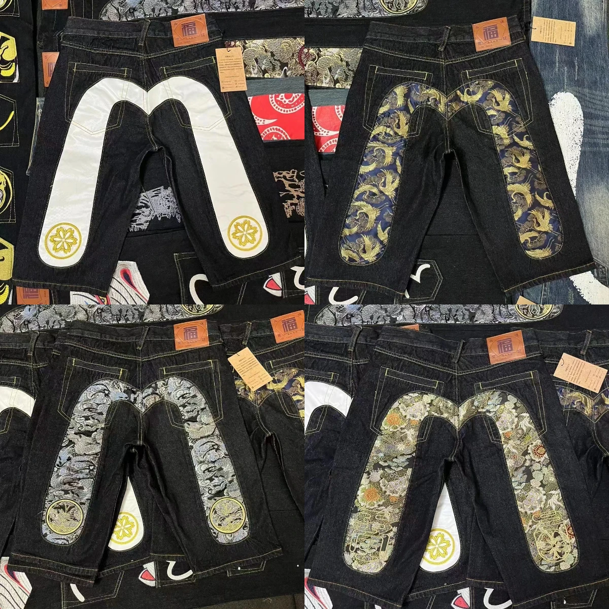 Summer Men Embroidery Jeans Shorts Black  Hiphop Denim Pants Cherry Blossom Dragon Totem Thin Washed Zipper Cotton Red Ears 2024