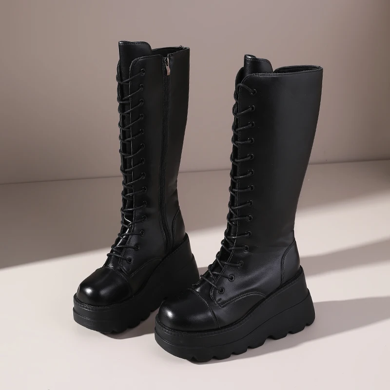 ​ ​ 2025 가을 겨울 신상 여성용 블랙 레이스업 니하이 라이딩 부츠 - 플랫폼 힐 승마 부츠 다리 슬림 효과 롱부츠