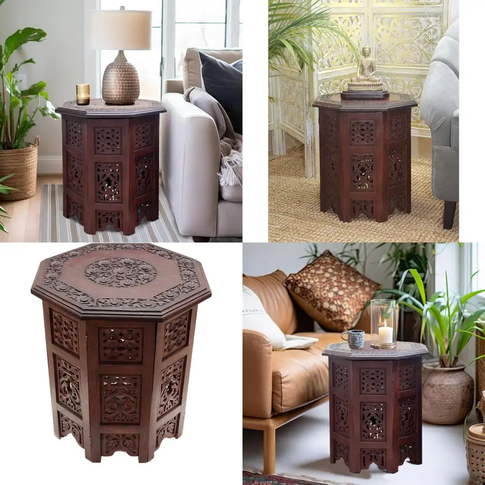 

Винтажный восьмиугольный приставной столик из массива дерева ручной работы - в стиле бохо, коричневый, подходит для небольших помещений и прихожих