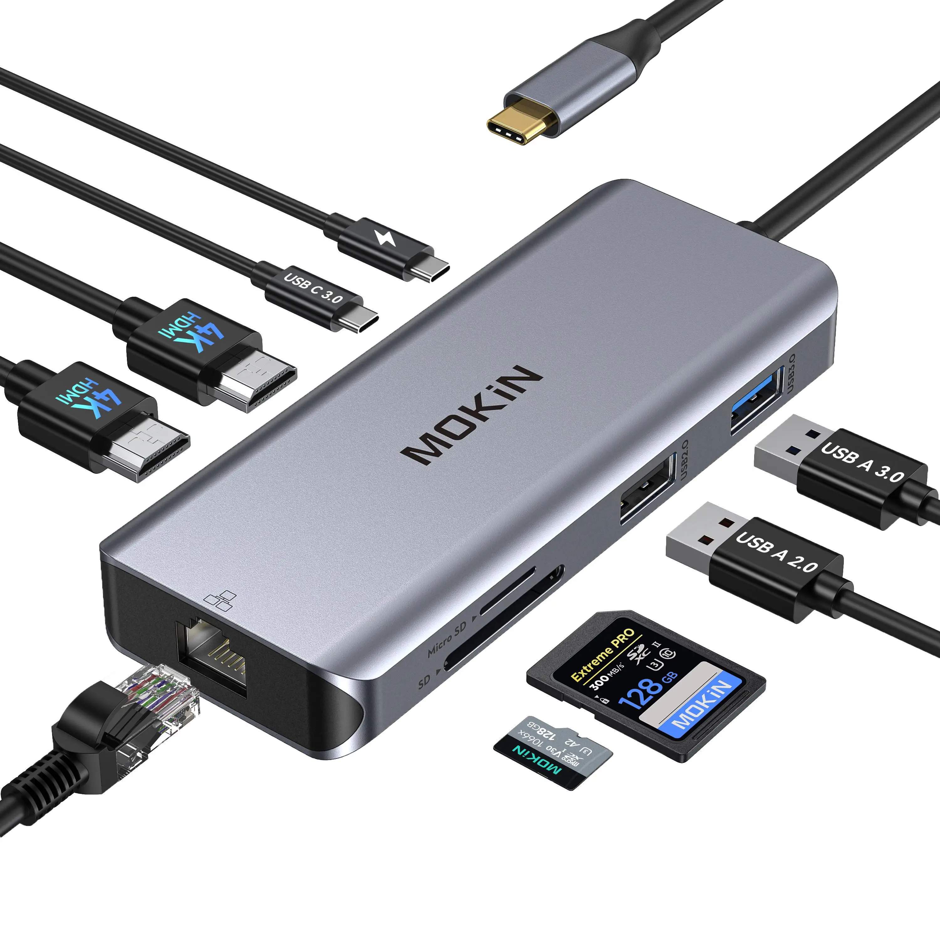 

MOKiN 9 в 1 док-станция USB C Hub 5 Гбит/с USB3.0 2 HDMI 4K60Hz 4K30Hz PD 100 Вт RJ45 для MacBook Air/Pro Аксессуары для ноутбуков и ПК