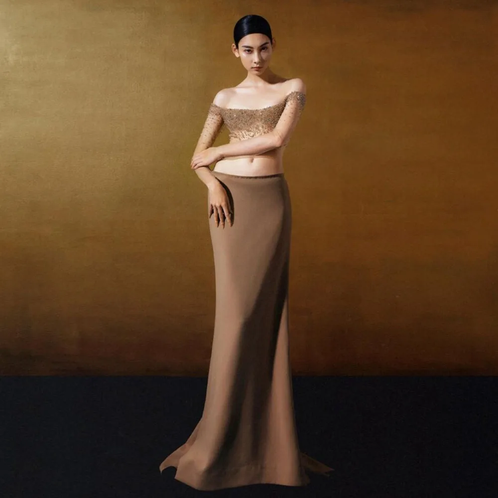 

High Waist Brown Slit Design Women's Elegant Formal Occasion Soft Material Body-hugging Ankle-length Evening Skirt Ever Pretty