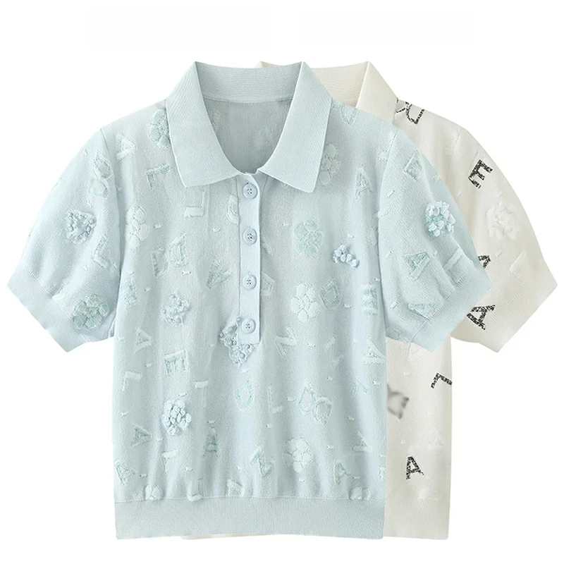 Dezzsa2024 여름 새 여성 폴로 칼라 무거운 작업 꽃 자카드 반팔 니트 탑 여성 Best5 Dezzsa2024 여름 새 여성 폴로 칼라 무거운 작업 꽃 자카드 반팔 니트 탑 여성 Best5