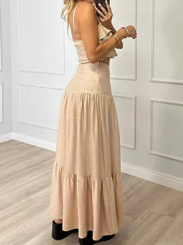 Imagen 2 del producto Conjunto de falda de capas y top corto de lino beige con volantes para mujeres, perfecto para días de verano, picnics, atuendos casuales bohemios