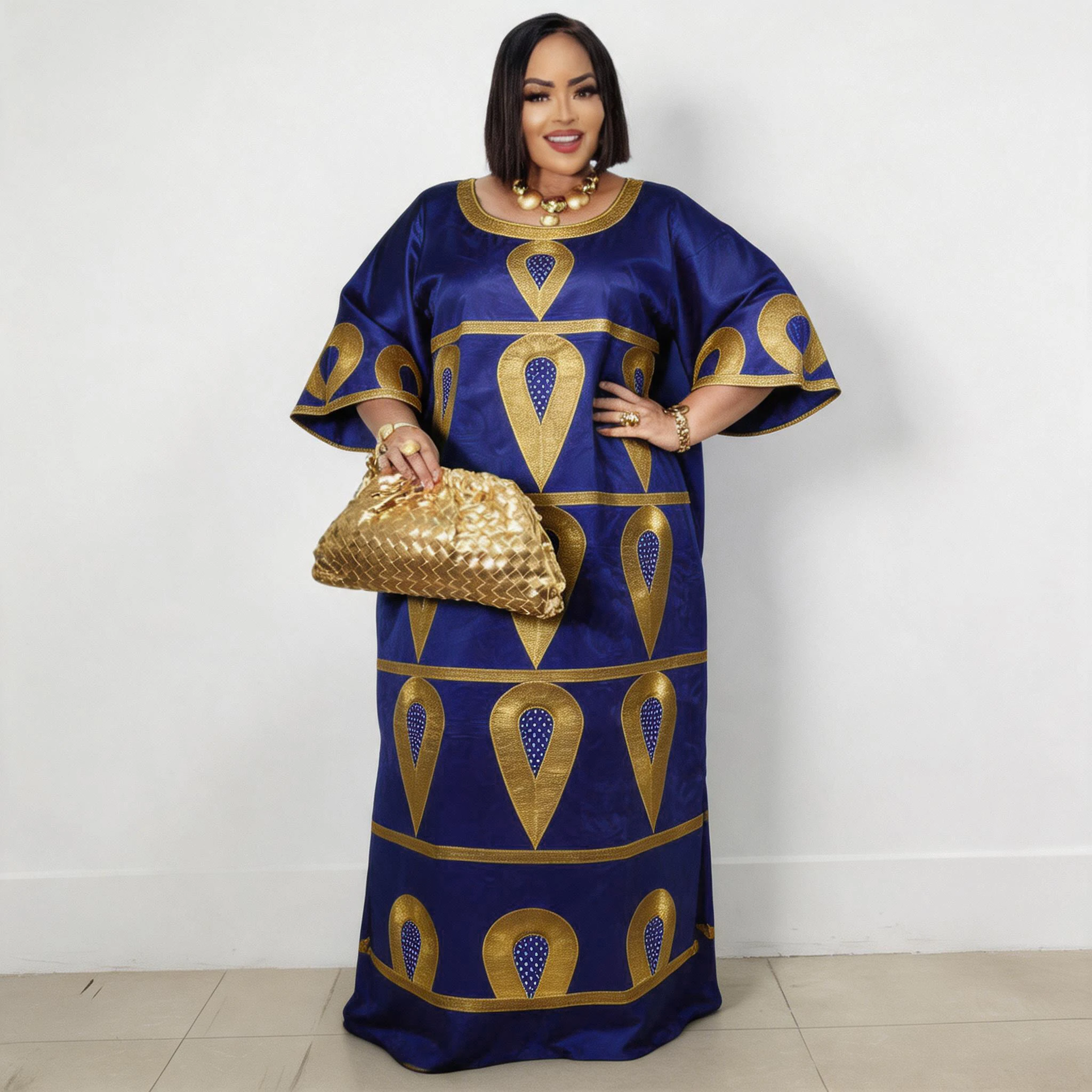 

African Dresses For Women Plus Size Bazin Riche Embroidery Design Long Dress With Scarf