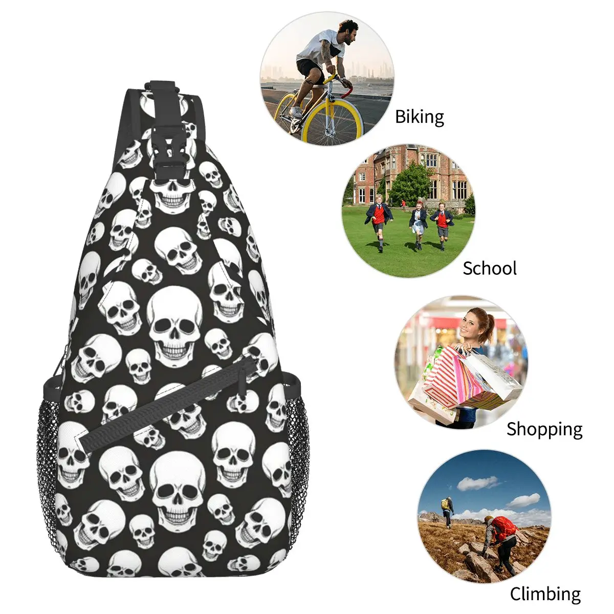 Gothic Death Skull Sling Bag Borst Crossbody Schouder Sling Rugzak Wandelen Reizen Daypacks Patroon Schooltassen