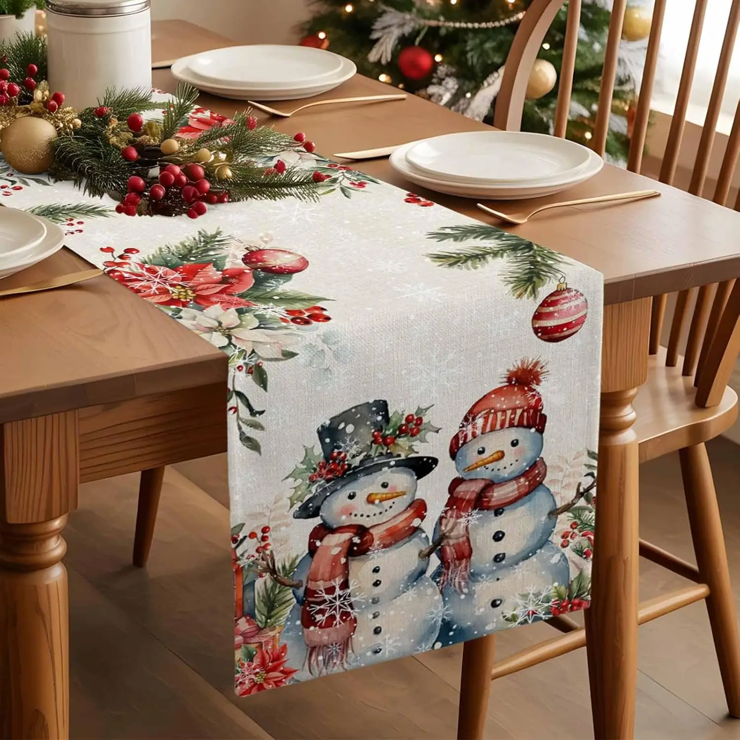 Christmas Snowman Poinsettia Berry Table Runner Party Decor Winter Snowflake Kitchen Dining Table Runners Christmas Decorations