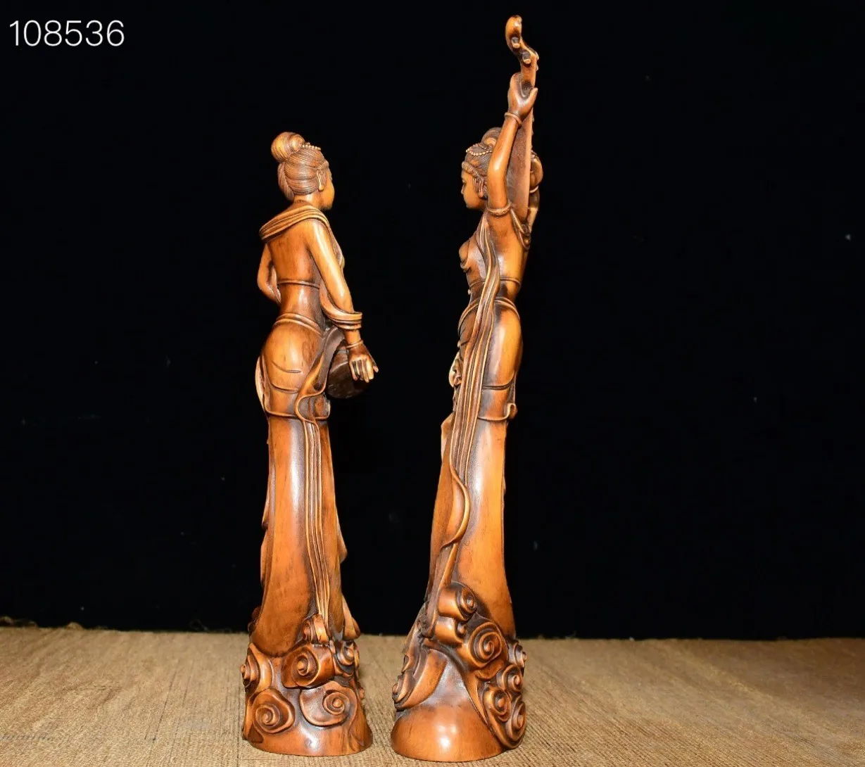Chinese Figures Statue Carved Wooden Figurine Pair Celestial Dancer Decor