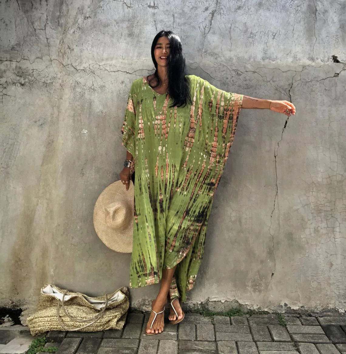 Beach long dress rayon tie dye loose robe beach holiday bikini swimsuit smock sun protection cloth