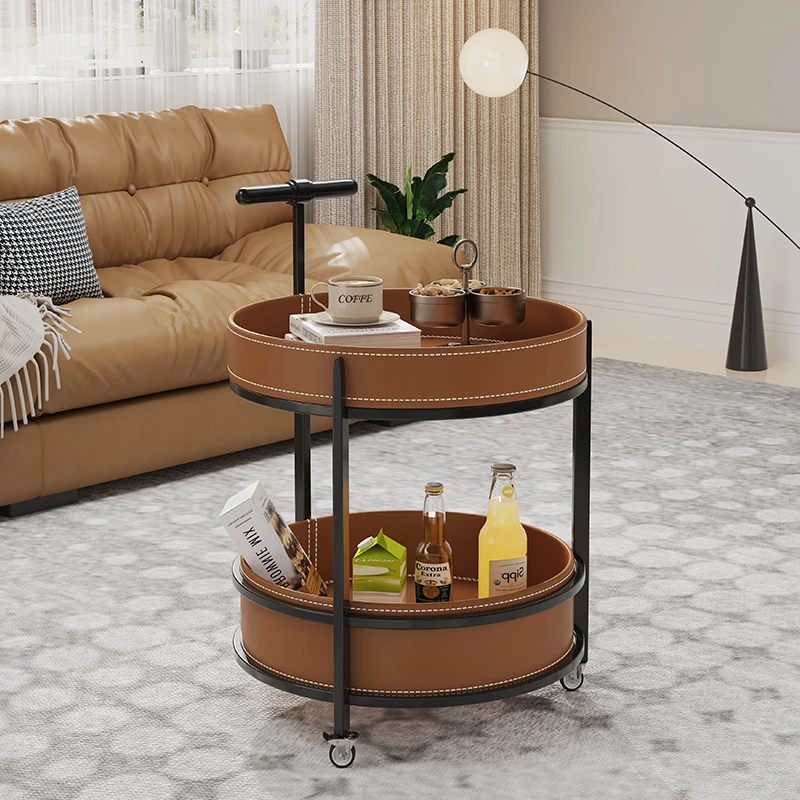 

Portable Leather End Table Rotating Storage Cart Book Holder Rolling Tea Cart with Storage Vintage PU Stool Home Decor Accent