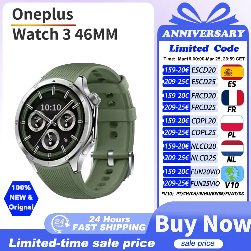 Version mondiale OnePlus Watch 3 montre intelligente 1.5 pouces AMOLED affichage 32GB mémoire Snapdragon W5 Wear OS par Google IP68