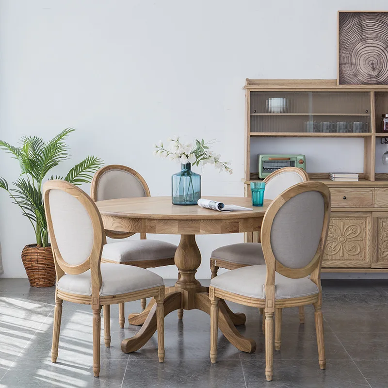 American rural retro  wood round dining table Nordic French full oak household log old table and chair furniture combination
