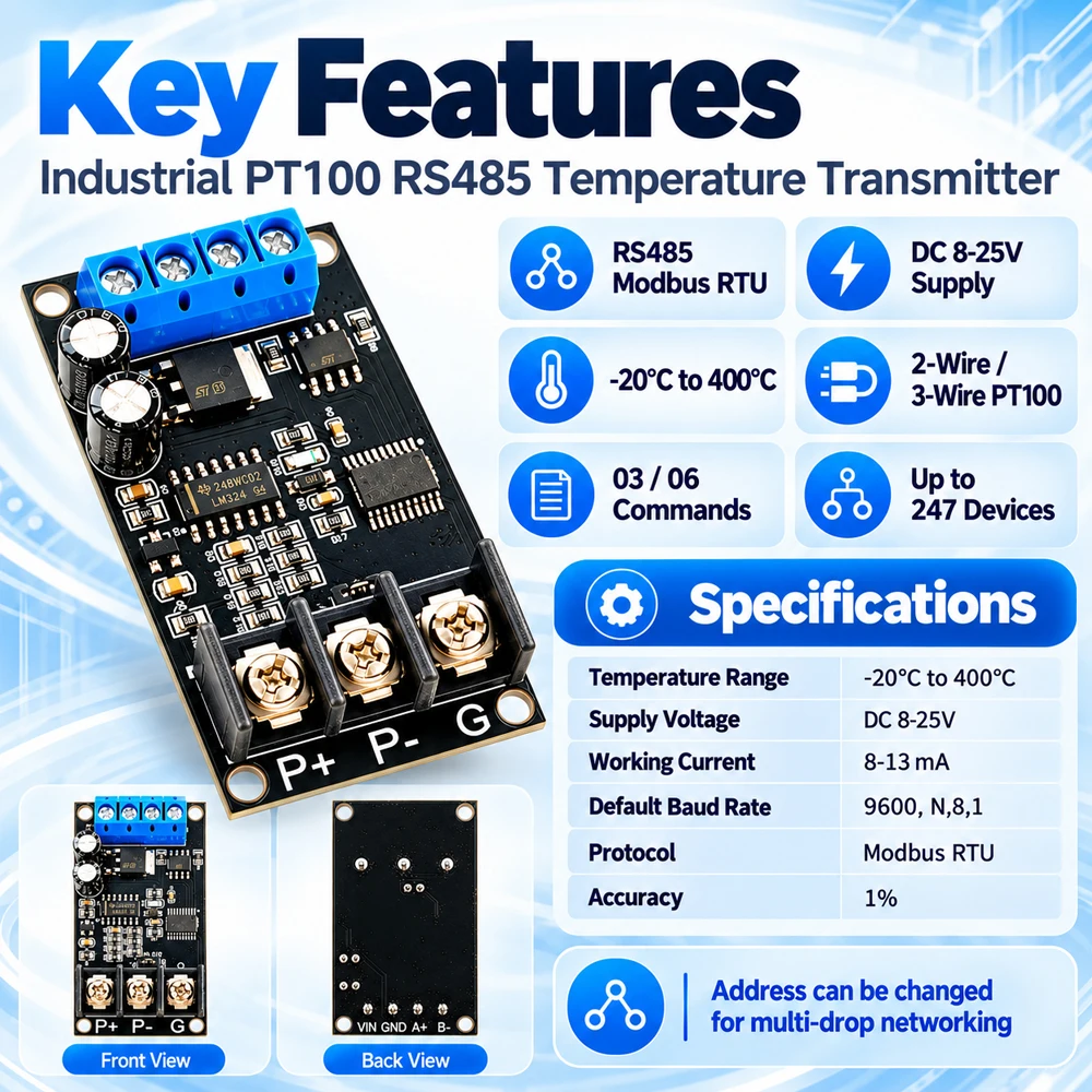 PT100 RTD Temperature Transmitter Module RS485 Modbus RTU -20-400C DC8-25V 2 3 Wire Industrial Temperature Sensor
